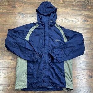 Coleman Jacket Mens M‎ Blue Tan Logo Spelled Out Hooded Windbreaker Parka Adult